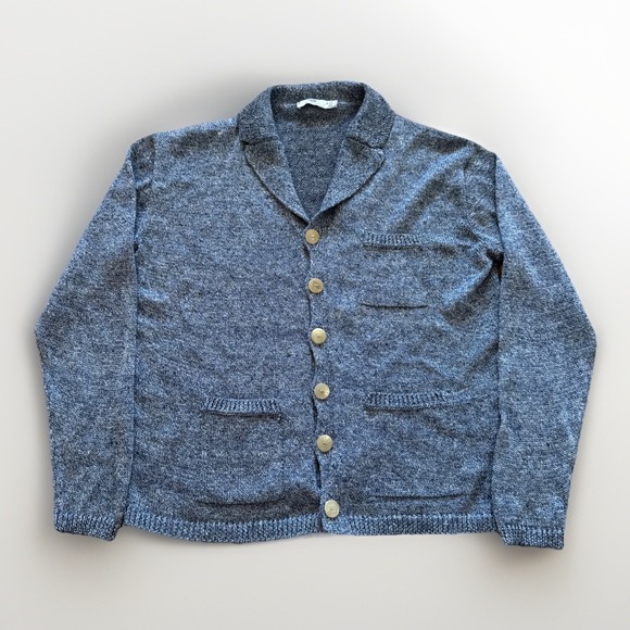 Inis Meain Pub Jacket Mens L 100% Washed Linen Cardigan Sweater Navy Mix - Picture 1 of 11